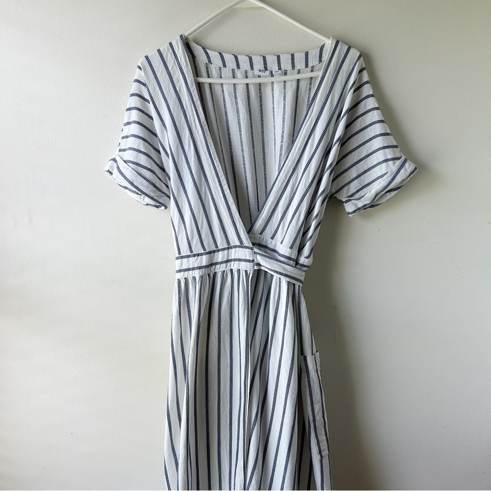 Gap Cotton-Linen Modest Midi Dress Striped Blue White 2 XS S